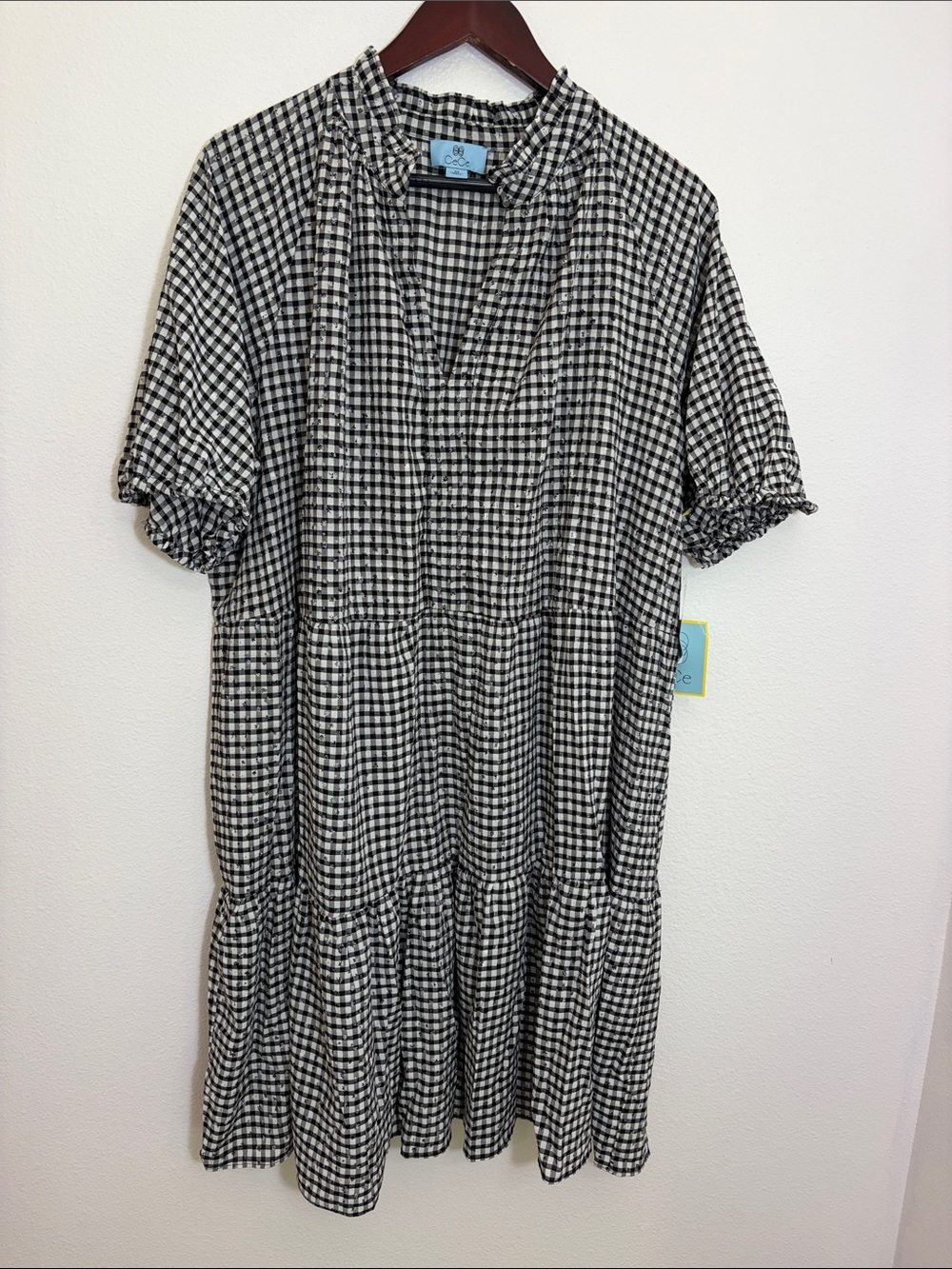 NWT CeCe Black White Gingham Tiered Short Sleeve Plus Size Dress